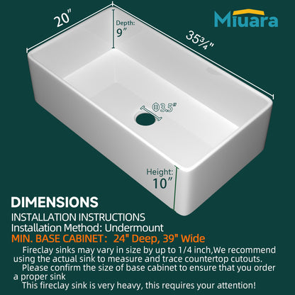 Miuara Farmhouse Sink 36 Inch - Extra Large Apron Front Kitchen Sink Reversible 36"x20"x10", Undermount, Farm House Style Deep Single Bowl, Heavy Duty Solid Fireclay, Glossy White, for Kitchen