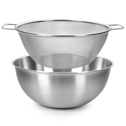 Stainless Steel Mixing Bowl and Colander Set, Multipurpose Kitchen Basket with Fine Mesh Colander, Salad Mixing Bowl with Strainer,3.5 Qt Large Capacity For Rice Fruit Vegetable (Stainless Steel)