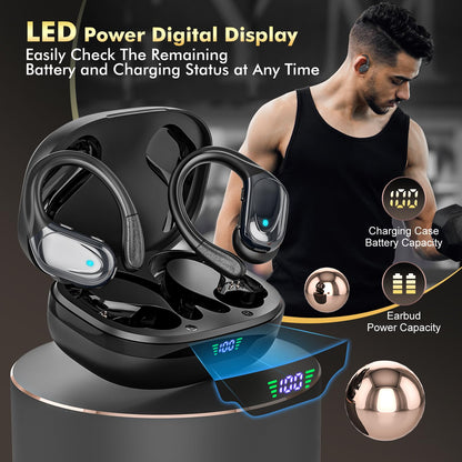 HAOYUYAN Wireless Earbuds, Sports Bluetooth Headphones, 80Hrs Playtime Ear Buds with LED Power Display, Noise Canceling Headset, IPX7 Waterproof Earphones for Workout/Running(Black)
