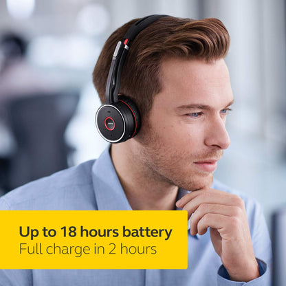 Jabra Evolve 75 UC Wireless Headset, Stereo – Includes Link 370 USB Adapter and Charging Stand – Bluetooth Headset with World-Class Speakers, Active Noise-Cancelling Microphone, All Day Battery