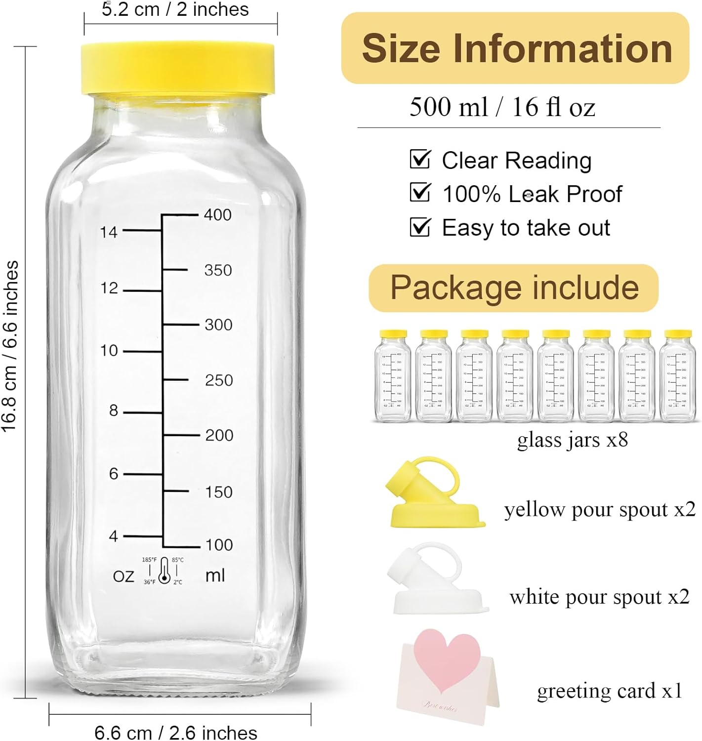 Essmilkee 16 oz [8 Pack] Reusable Glass Juice Bottles with Airtight Lid, Glass Pitchers with Pour Dispenser, Milk