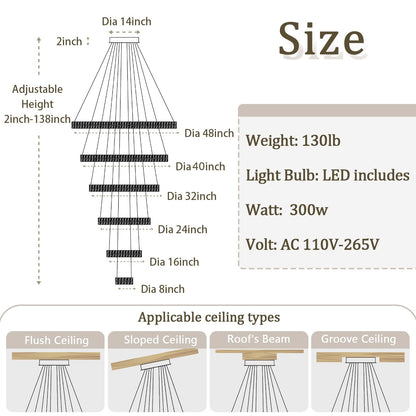 ykolupty H138 Modern Large Chandelier for High Ceiling 6-Rings Chandelier with LED Dimmable Crystal Ring Pendant Light High Ceiling Chandeliers for Living Room Foyer Entryway Silver Hanging Light