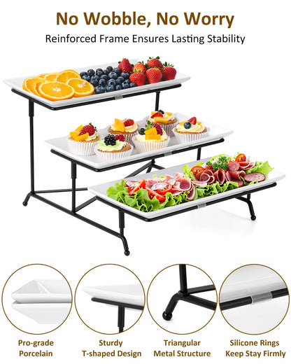 Yedio 3 Tier Serving Trays for Party, Porcelain Serving Platters and Trays, 12 Inch Tiered Tray Stand, Fruit Tray, Trays for Serving Food, White Dessert Stand with Collapsible Sturdier Metal Rack