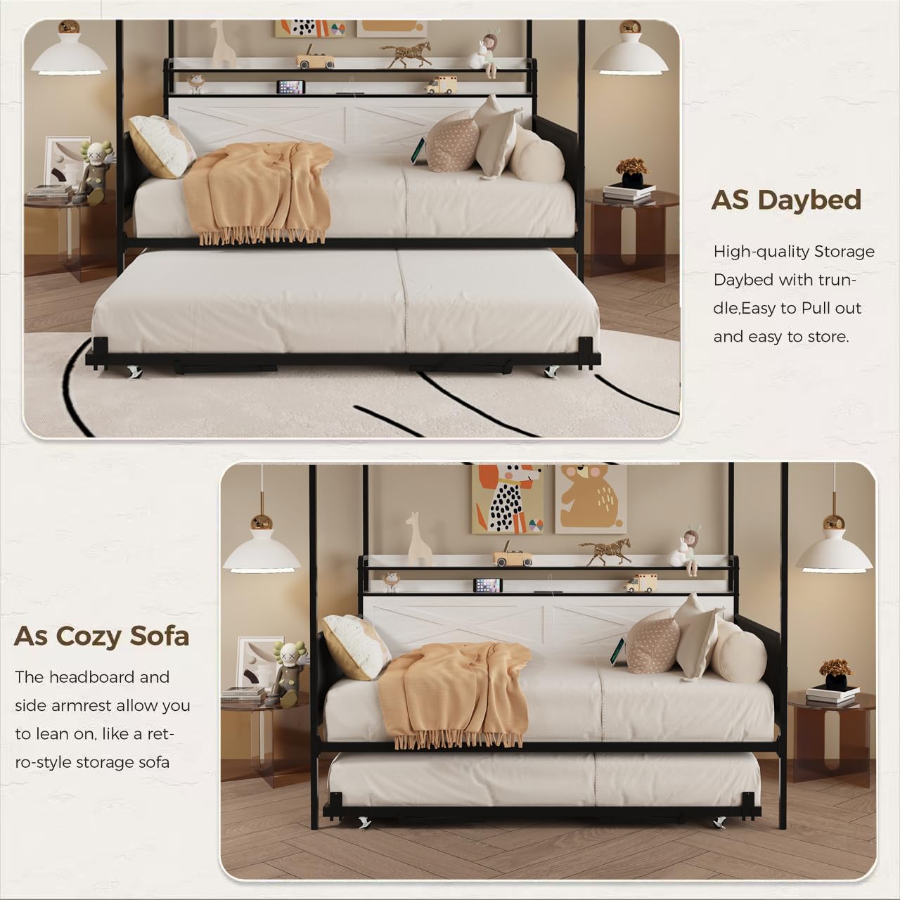 DNYN Metal Daybed with Pop-up Trundle and 4 Poster for Bedroom/Guest Room, Twin Size Heavy-Duty Canopy Bed Frame with USB Ports and Storage Headboard, Space-Saving & No Box Spring Needed