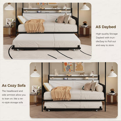DNYN Metal Daybed with Pop-up Trundle and 4 Poster for Bedroom/Guest Room, Twin Size Heavy-Duty Canopy Bed Frame with USB Ports and Storage Headboard, Space-Saving & No Box Spring Needed