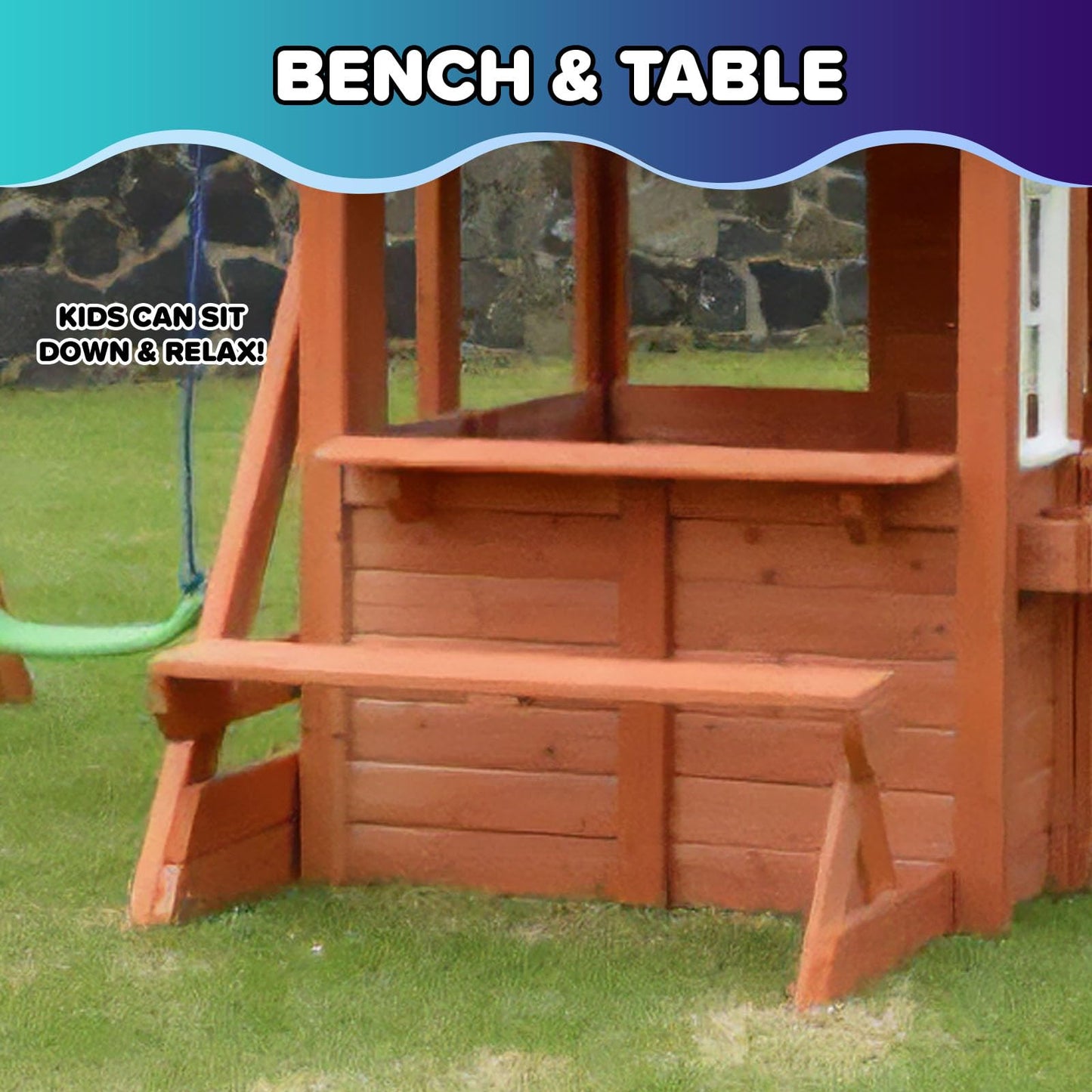 Sportspower Swing and Play Wooden Playhouse for Kids, Outdoor Backyard Playhouse with Swing, Picnic Bench, Working Door, Flower Boxes & Wooden Roof, Ages 3–8