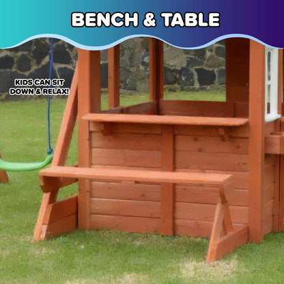 Sportspower Swing and Play Wooden Playhouse for Kids, Outdoor Backyard Playhouse with Swing, Picnic Bench, Working Door, Flower Boxes & Wooden Roof, Ages 3–8
