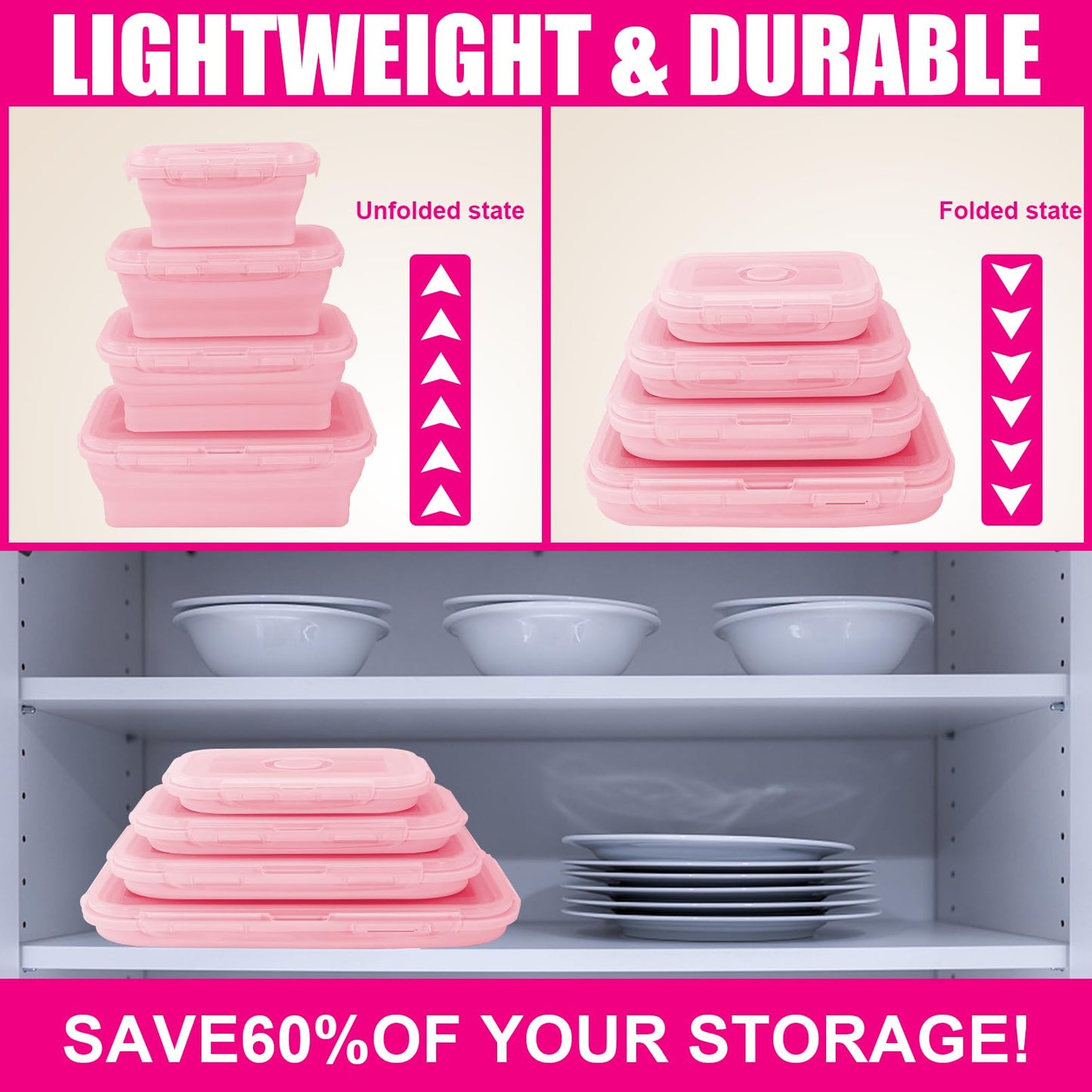 Bgtecho 4 Pack Collapsible Silicone Food Storage Containers with Lids, Silicone Lunch Box for Kitchen, Foldable Collapsible Meal Prep Container, Microwave, Freezer & Dishwasher Safe, BPA Free