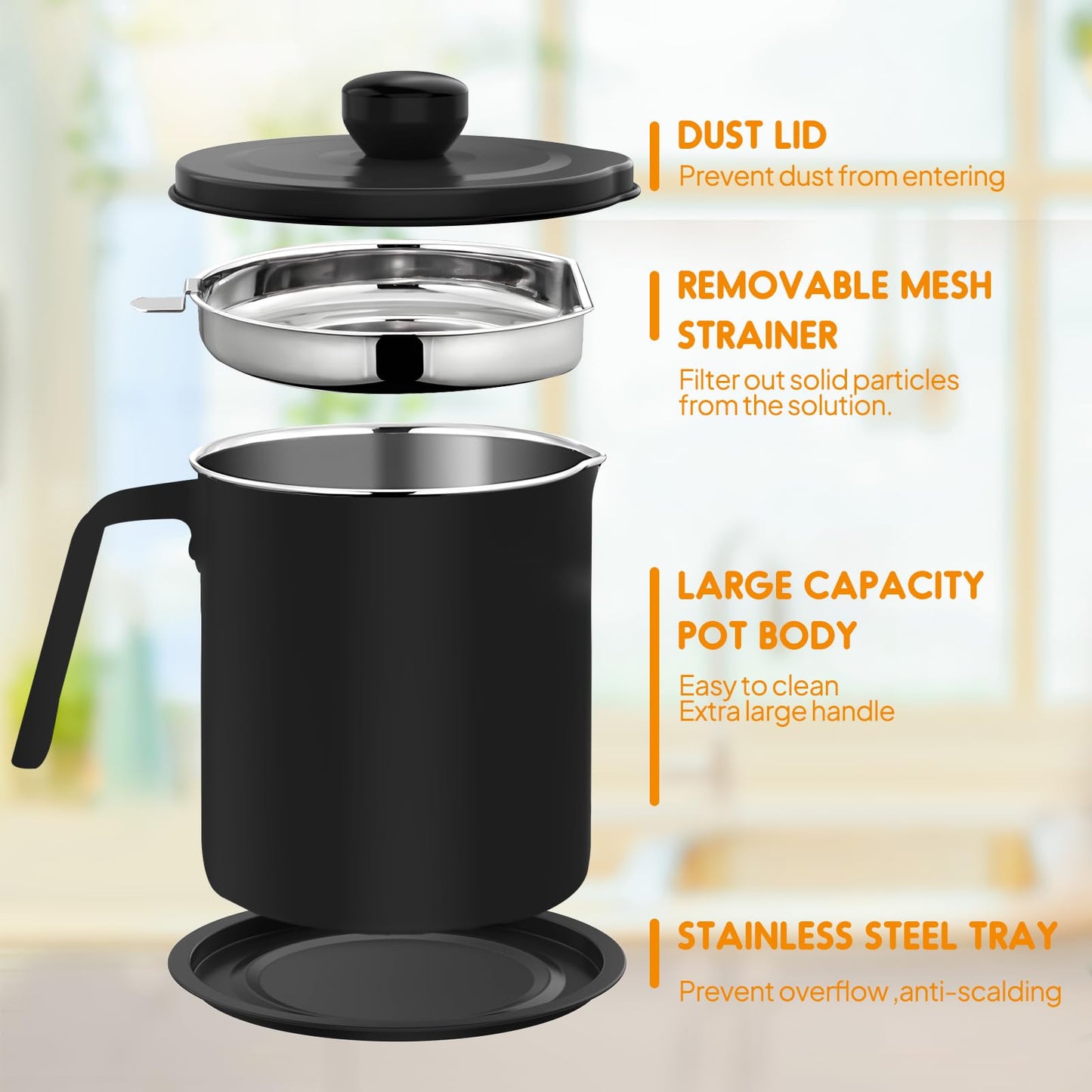 Chihee Grease Container Stainless Steel Bacon Grease Saver with Fine Mesh Strainer 2L / 67.6 fl oz Cooking Oil Keeper Stoarge Can with Dust-proof Lid Non-slip Tray for Kitchen Frying
