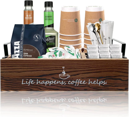 Farmhouse Coffee Station Organizer Basket for Countertop, Wooden Tray for Coffee Supplies, Sugar, Syrup, Tea (Brown)