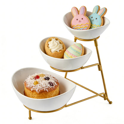 LYEOBOH 3 Tier Serving Bowls Set Tiered Serving Stand, Porcelain Oval Bowls with Collapsible Metal Stand for Entertaining, Party, Dessert Display, Candy, Chip and Dip (Gold)-45oz / 17.5oz / 7oz