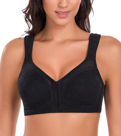 Lemorosy Women's Full Coverage Plus Size Front Closure Posture Back Non-Padded Wireless Support Minimizer Bra (38G, Black)