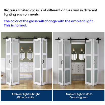 SMARTSTANDARD 72in x 84in Bifold Barn Door, Frosted Glass Barn Door with Hardware Kit Included, Pre-Drilled Holes Easy Assembly -Solid Barn Doors Slab Covered with Water-Proof PVC Surface, White