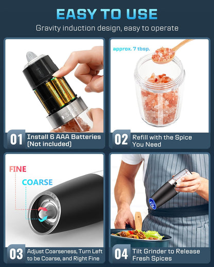 XinXu Gravity Automatic Electric Pepper and Salt Grinder, Auto Mill Shaker, Stainless Steel, Black with Blue LED Light