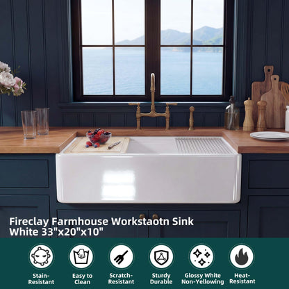 Miuara White Farmhouse Workstation Sink 33 Inch - Heavy Duty Fireclay Apron Front Kitchen Sink Undermount 33"x20"x10", Farm House Style Deep Single Bowl for Kitchen