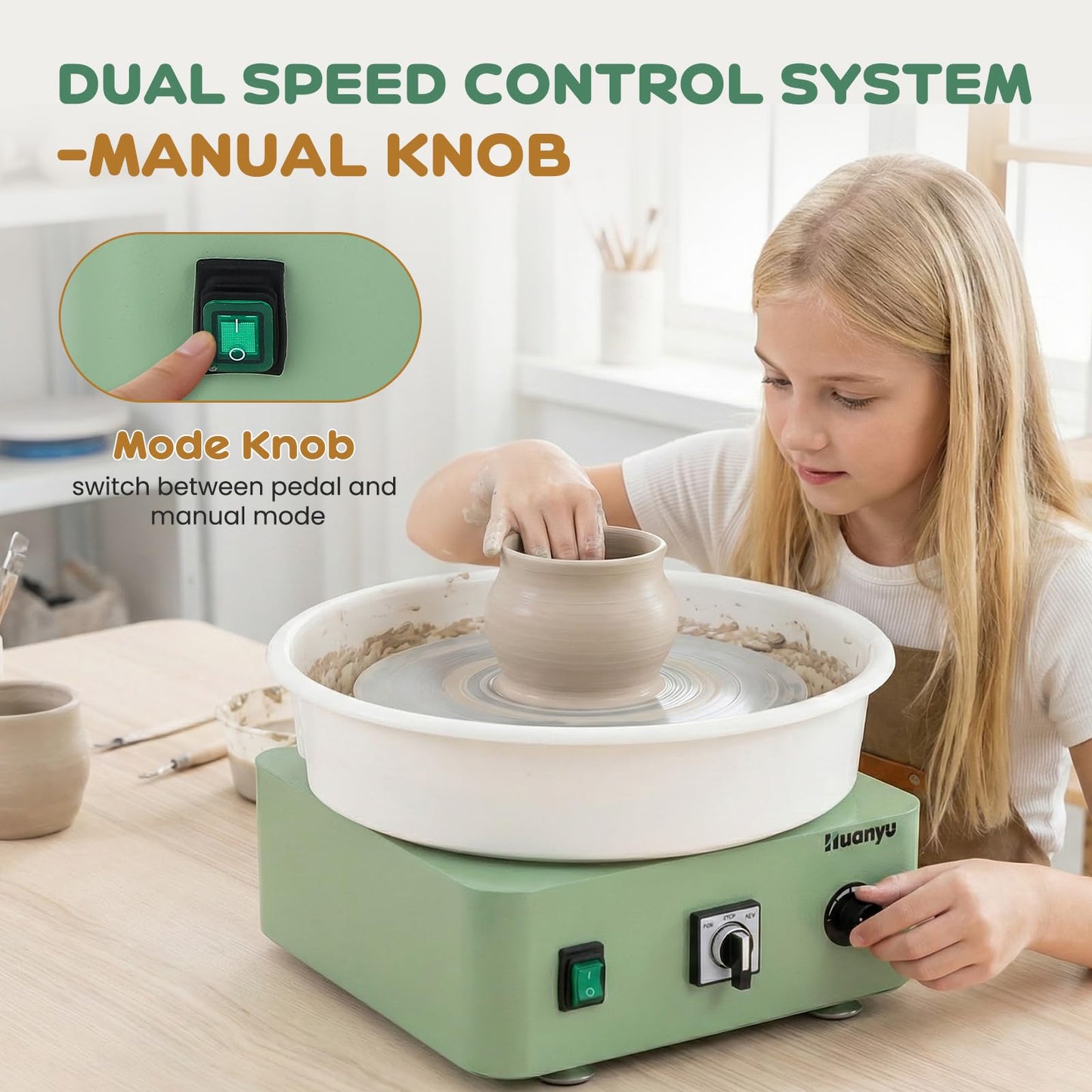 Huanyu Tabletop Pottery Wheel Machine for Adults 12" Bat System Manual & Foot Pedal Control Electric Ceramic Wheel Forming Machine Art Clay DIY Sculpting Tool Kit