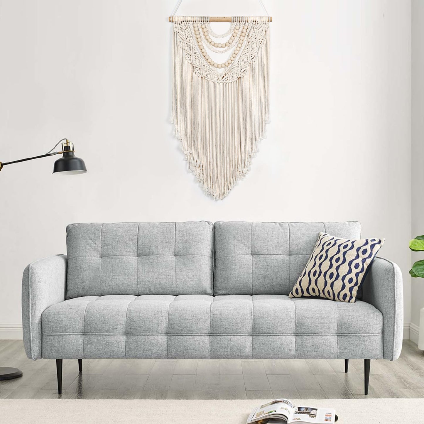 LOMOHOO Macrame Wall Hanging Boho Handmade Geometric Woven Tapestry Bohemian Wall Art Decor with Chic Wooden Beads Home Decor for Bedroom Living Room Apartment Dorm Gallery Wedding 16.5"x30"