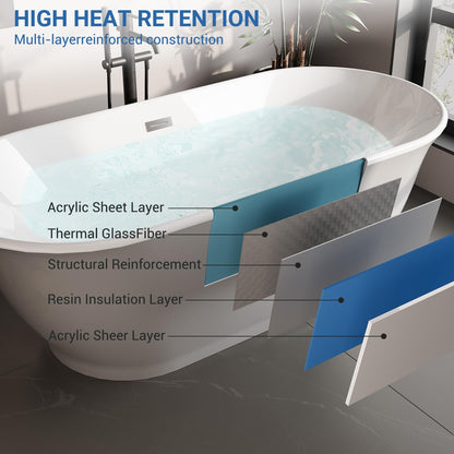 67" Free Standing Tub, Acrylic Soaking Bathtub, Stand Alone Freestanding Tub with Matte Sliver Drain and Overflow, Contemporary Bathtub for Bathroom, Flora