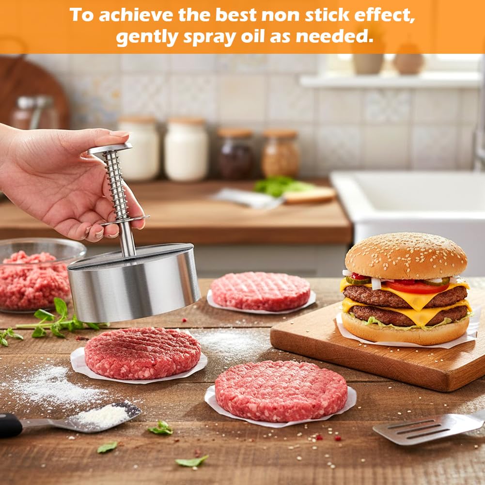 Quivorant 4.5" Burger Maker Press with 50 Patty Papers, 304 Stainless Steel Adjustable Non-Stick Hamburger Patty Maker, for Kitchen BBQ & Sandwich, Beef, Vegetables, Meat, Party Grill, Easy Release