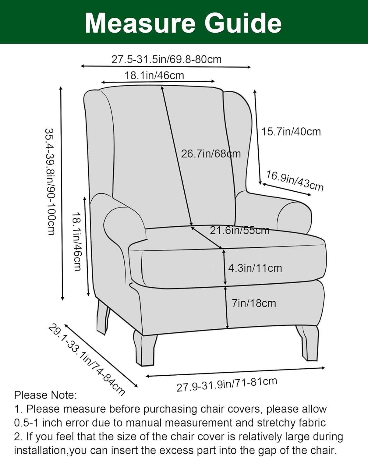 2 CRFATOP Polyester Wing Chair Covers Piece Stretch Wingback Chair Slipcover Solid Wingback Armchair Covers