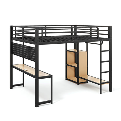 Bellemave Queen Size Loft Bed with Desk,with USB Ports, Lights, and Hanging Rod, Cave Board Design, Metal Queen Loft Bed Frame for Adults, Kids, Teens, Black