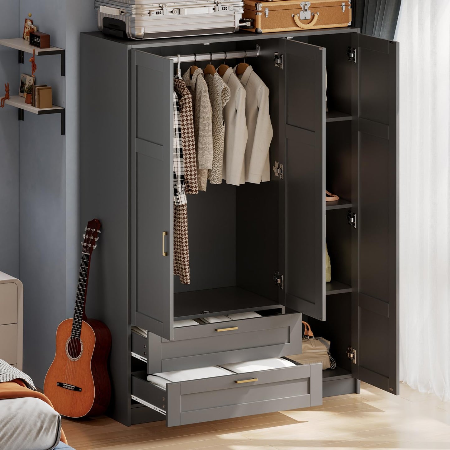66" 3 Doors Wooden Wardrobe Closet Armoire with 2 Drawers & 3 Shelves, Wooden Wardrobe Closet with Hanging Rod, Bedroom Large Capacity Freestanding Armoire for Bedroom,Cloak Room,Entrance Hall, Black
