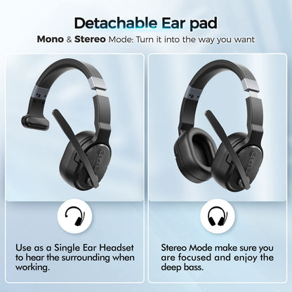 COSMUSIS Trucker Bluetooth Headset, Wireless Headsets with Noise Cancelling Microphone, Long Battery Life Bluetooth Headphones with Detachable Earpad/Single+Dual Mode for Office/Driving/Home