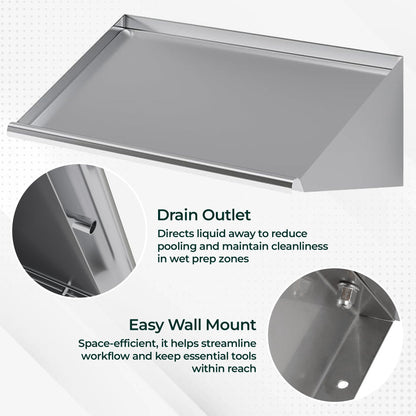 Express KitchQuip 304 Stainless Steel Slanted Wall Rack Shelf with Drain Outlet – 42" x 22.5" | Commercial Wall-Mounted Drip Shelf for Bar, Kitchen, or Dish Station (42 in. x 22 1/2 in)