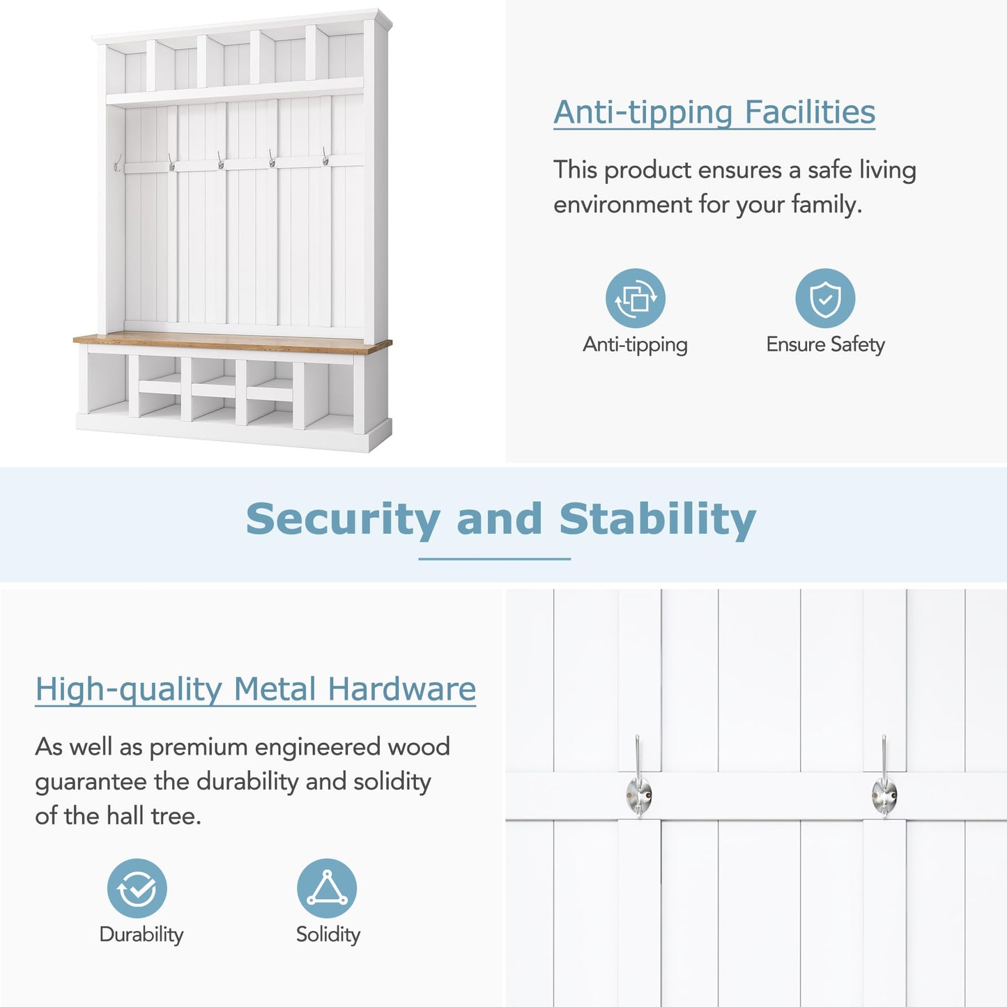 Farmhouse Wood Hall Tree with Bench and Shoe Storage, 5-in-1 Coat Rack with 6 Hooks for Entrance, Hallway White