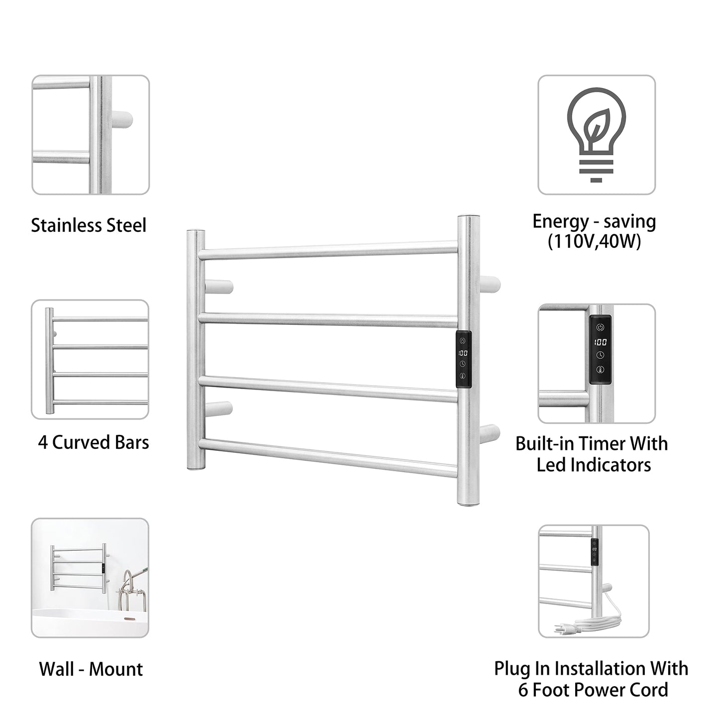 KEG Towel Warmer 8 Bars for Bathroom Freestanding or Wall Mounted Bath Towel Heater Plug-in with Built-in Timer Silver