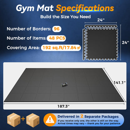 SUPERJARE 1" Extra-Thick Rubber Top Exercise Mat, Puzzle Gym Flooring for Home Gym, Gym Mat for Workout Equipment, Interlocking Floor Tiles with EVA Foam, 48 Pcs 192 Sq Ft, Black