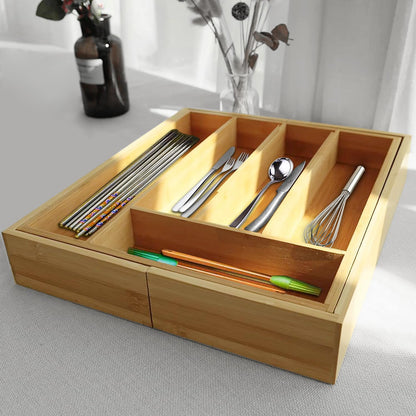 Bamboo Drawer Organizer, Expandable Cutlery Tray, Adjustable Utensils Holder for Storing Silverware in Kitchen, Bedroom