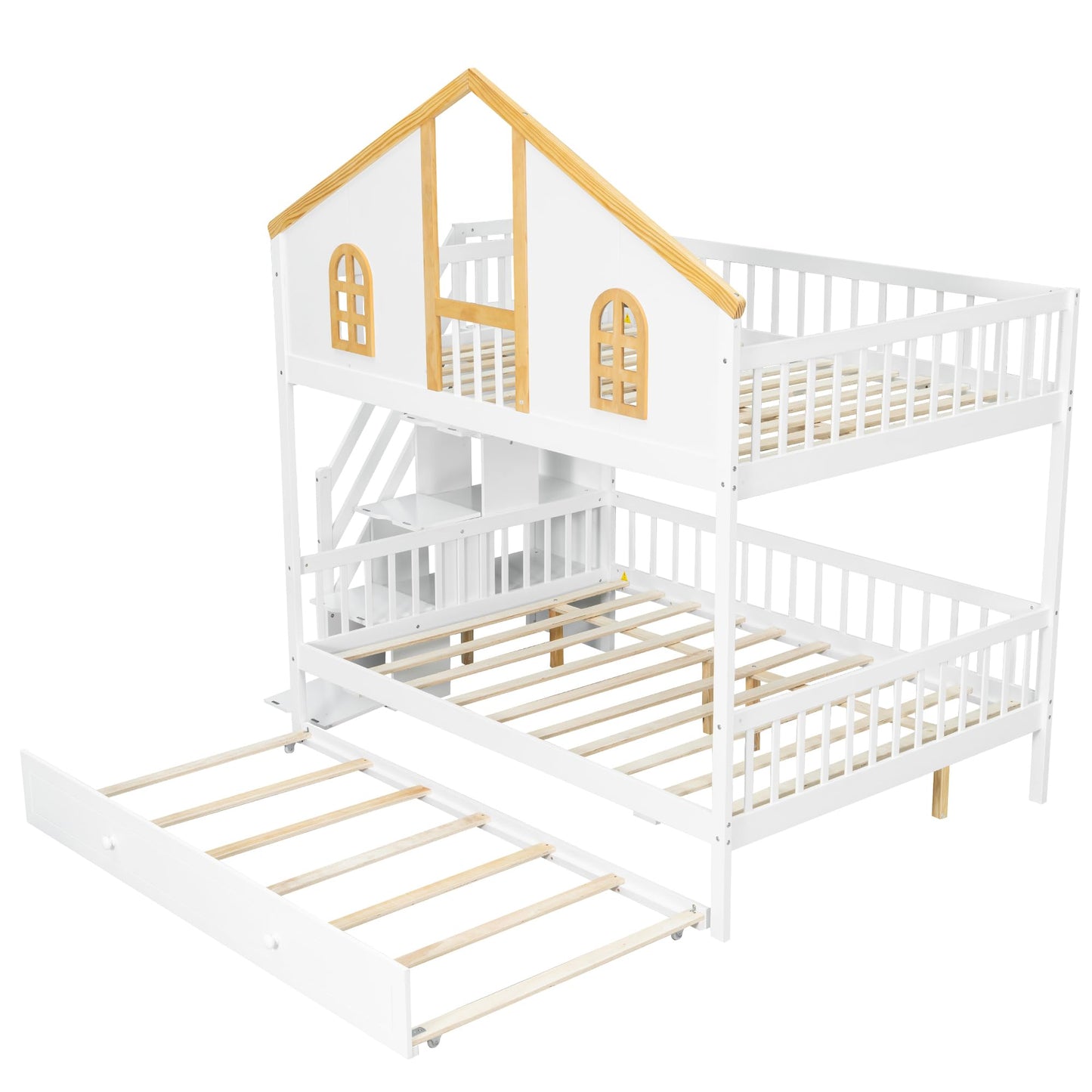 Merax Full Over Full Wooden Bunk Bed with Trundle and Storage Staircase, Full Size House Bunk Bed Frame with Window Door Guardrails for Teens, Boys, Girls Bedroom, White+Natural
