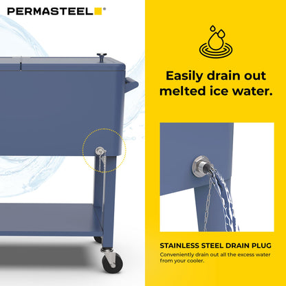 Permasteel Party Cooler with Divider, Removable Basin, Spacious 80-Qt Capacity, Chills 36hrs, Serving Tray, Rolling Ice Chest for Indoor & Outdoor, Matte Blue