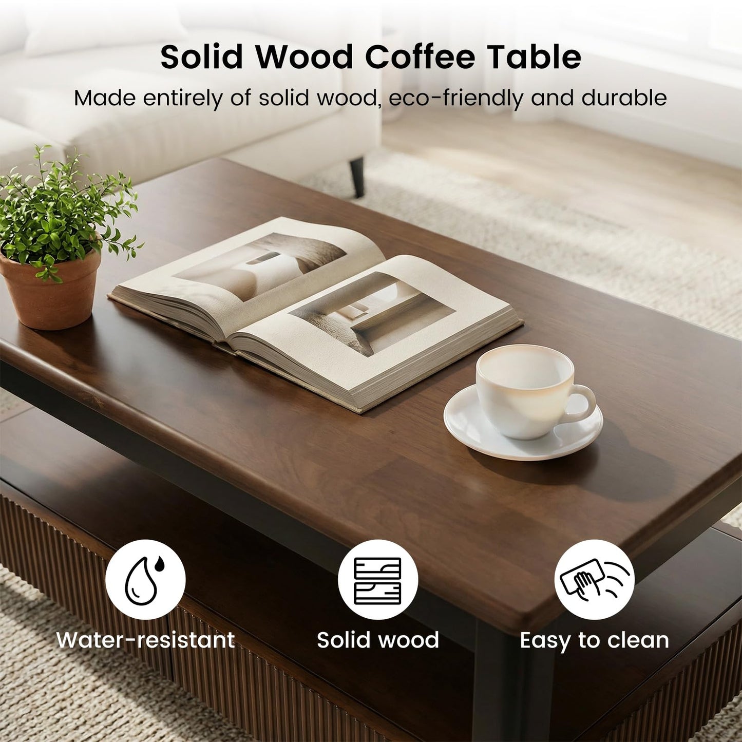 39.4" Walnut Solid Wood Coffee Table for Living Room,Mid Century Modern Real Wooden Fluted Coffee Table with 2 Drawers & Open Shelf Storage for Home Office,Oak Rectangle