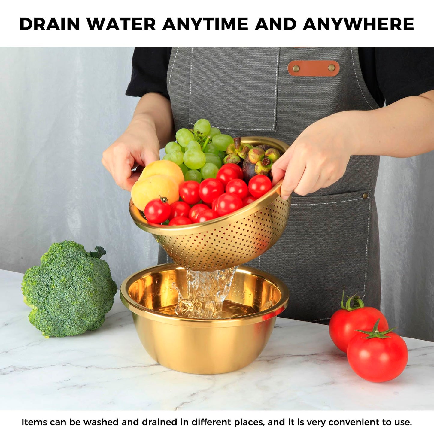 Snailhouse Colander with Mixing Bowl, 2QT 304 Stainless Steel Kitchen Rice Pasta Strainer for Washing Vegetables and Fruit, Gold