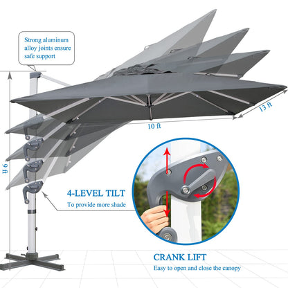 LKINBO 10x13 FT Rectangle Cantilever Umbrella with Cross Base, Heavy Duty Large Patio Umbrella 360 Degree Rotation Outdoor Offset Umbrella with Easy Tilt & Crank for Pool Deck Backyard, Gray