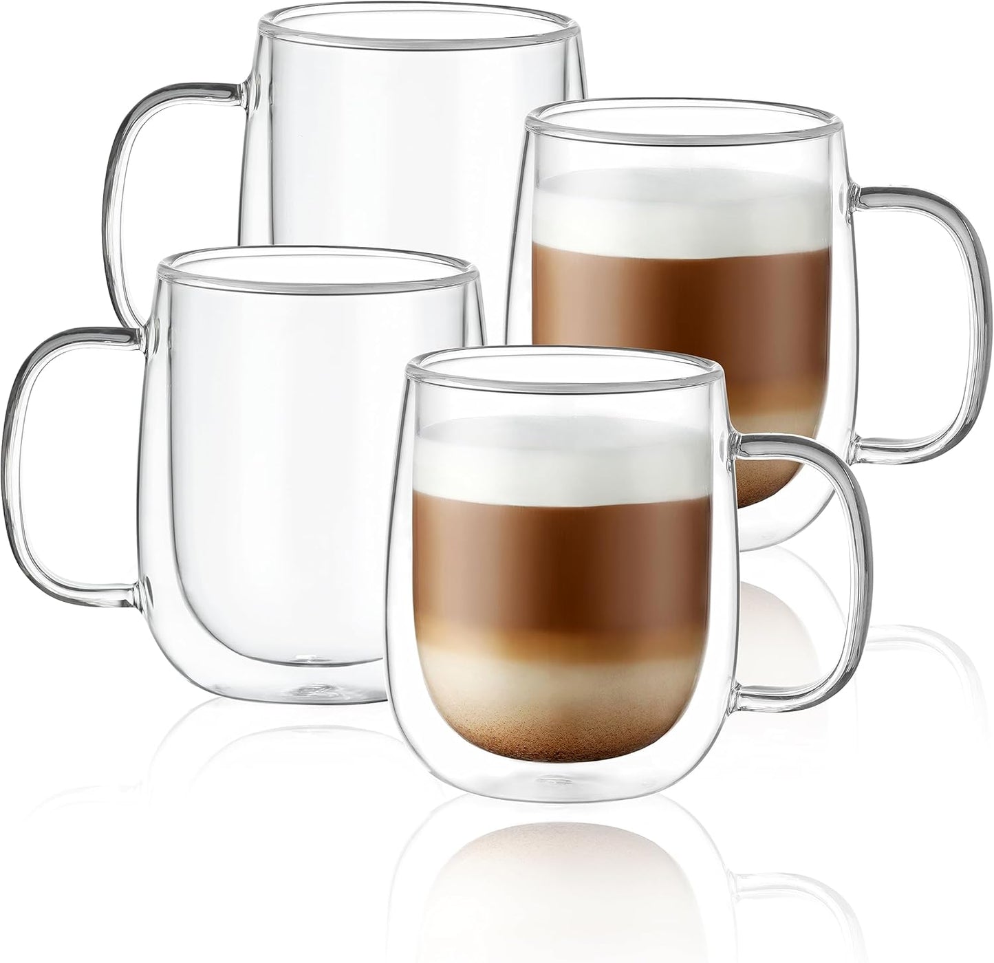 12oz,Double Set Beverages,Set 4 CNGLASS Glass Coffee Mugs Wall Insulated Mug with Handle,Clear Glass Espresso Mugs