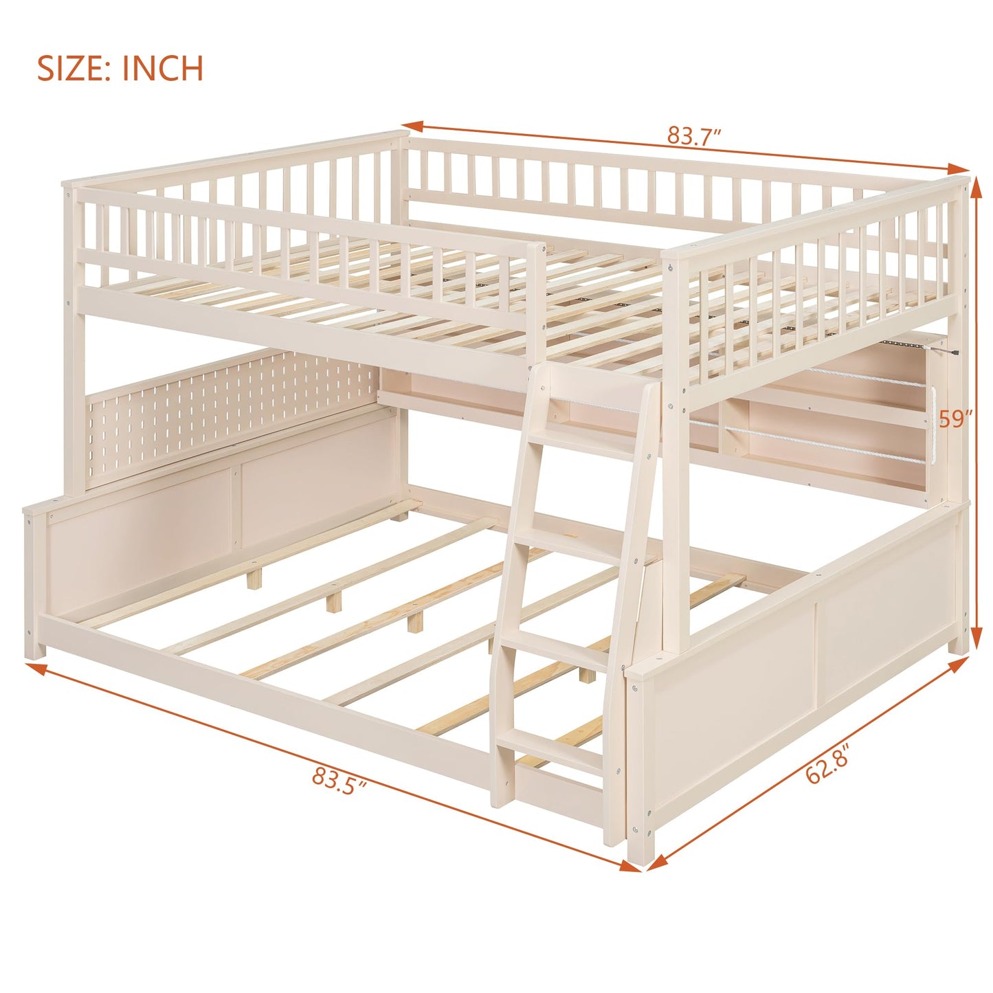 Merax Full XL Over Queen Wood Bunk Bed Frame with Integrated Side Storage Shelves and Anti Falling Rope, Color-Changing Lights, Pegboard, Safe Guardrail and Ladder, for Teens, Adults, Guests (Beige)