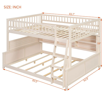 Merax Full XL Over Queen Wood Bunk Bed Frame with Integrated Side Storage Shelves and Anti Falling Rope, Color-Changing Lights, Pegboard, Safe Guardrail and Ladder, for Teens, Adults, Guests (Beige)