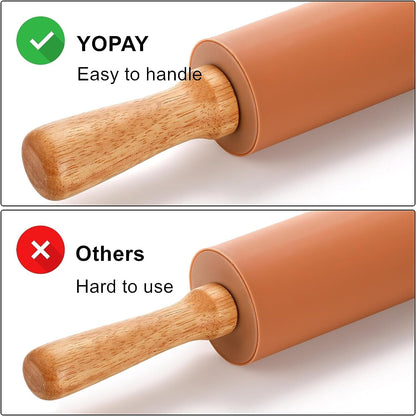 Yopay 4 Pack Silicone Rolling Pin for Baking, Non Stick Large 17 Inch Roller with Wood Handle for Tortillas Dough, Pizza, Pie, Pastries, Pasta, Cookies, Good Grips, Easy to Wash