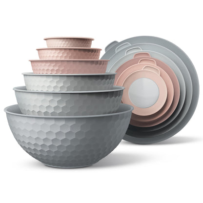 COOK WITH COLOR Mixing Bowls with Lids - 12 Piece Plastic Nesting Bowls Set includes 6 Prep Bowls and 6 Lids, Microwave Safe Mixing Bowl Set, Pink Embossed