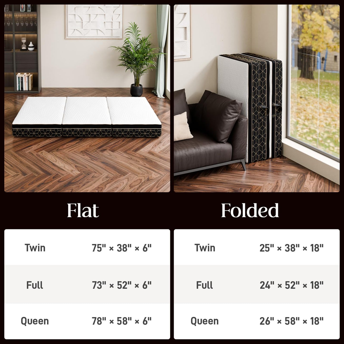 GEMBED Tri-Fold Memory Foam Mattress Queen - 6 Inch Portable Folding Mattress with Handle & Washable Cover, Floor Bed with Non-Slip Base, Space-Saving for Room, Travel, Guest Bed, RV, 78"x58"x6"