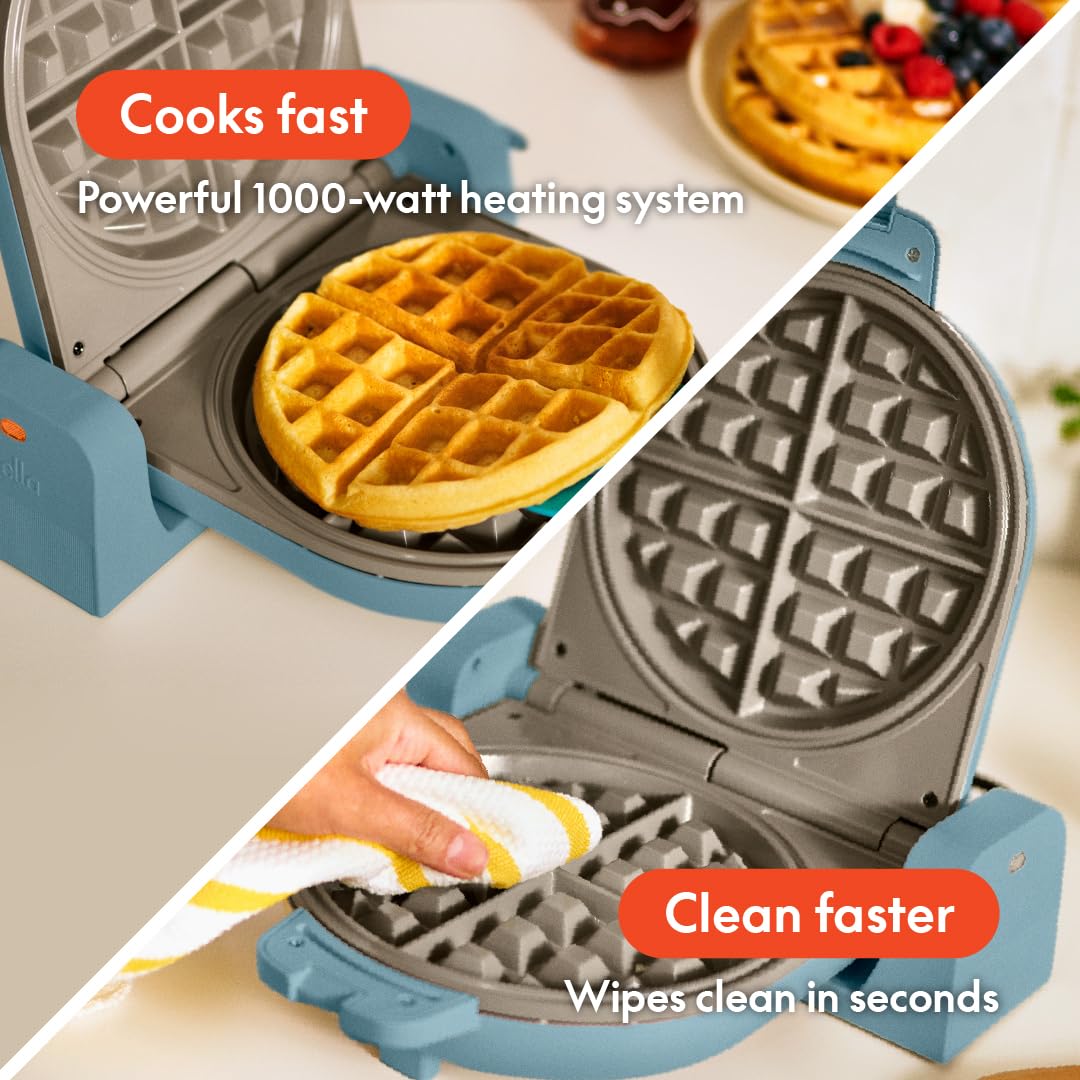bella Flip-n-Store Waffle Maker with EverGood™ Ceramic Nonstick Coating, Fits-anywhere™ Kitchenware, Power Indicator Light, Cool Touch Handle & Cord Wrap, 7” Wide & 1" Deep Plates, 1000 Watt, Oatmilk