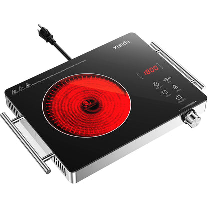 xunda 1800W Portable Electric Stove, 110v Electric Burner with Carry Handle Hot Plate, Ceramic Infrared Single Burner Cooktop, Touch & Knob Control Timer, Safety Lock (Black)