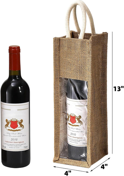 Peohud 3 Pack Burlap Wine Bottle Bags, Jute Gift Bags with Window and Handle for Wedding, Birthday, Christmas