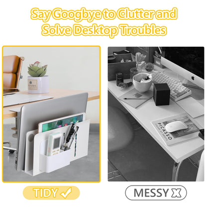 Desk Side Storage Under Desk Laptop Holder, No Drill Hanging Desk Organizer with Pen Holder, Clamp-On Table Side Tray Desktop Organization Mount for Office and Home (White)