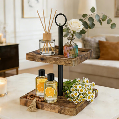 Tiered Tray Stand, Rustic Two Tier Decorative Tray with Metal Handle, Farmhouse Square Wood Serving Tray Counter Centerpiece, Cupcake Stand for Coffee Bar Home Party Decor Holiday Housewarming Gifts