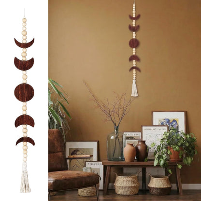 Boho Moon Phase Wall Hanging, Cotton Rope Beaded with Tassel, Wooden Boho Wall Decor, Phases of The Moon Wall Art for Living Room, Bedroom, Office, and Home Decor(Brown)