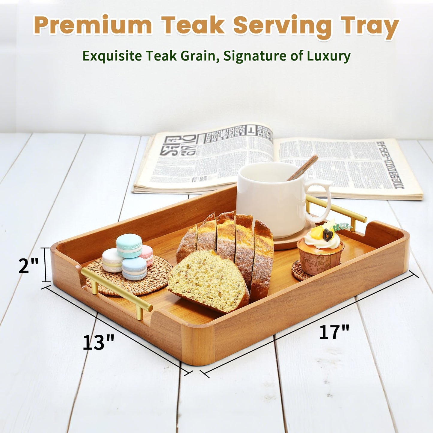 Fopeat Solid Teak Wood Serving Tray with Handles, 17"x13"x2" Rectangular Ottoman Tray for Living Room Kitchen Party, Rustic Decorative Tray for Home Coffee Table Breakfast Dinner Bar